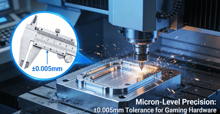 Five-axis CNC machine machining a gaming controller shell with micron-level precision measurement