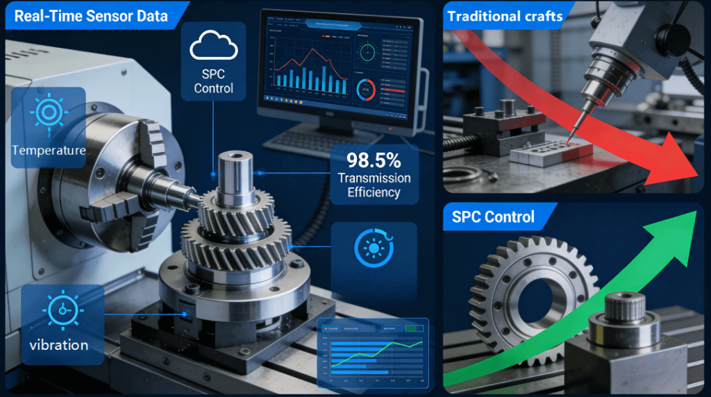 Technical diagram showing data-driven custom gear manufacturing process with CNC machining, real-time monitoring, and SPC analytics for efficiency optimization